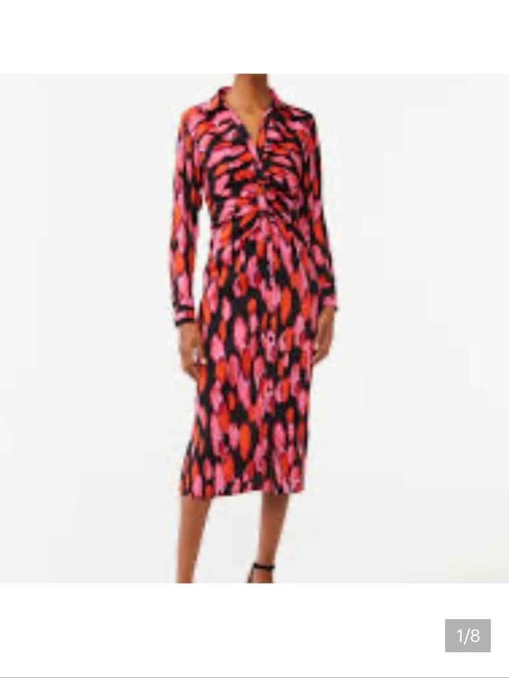 Scoop Long Sleeve  Midi Brushstroke Print Shirt Dress in Pink & Red on Black